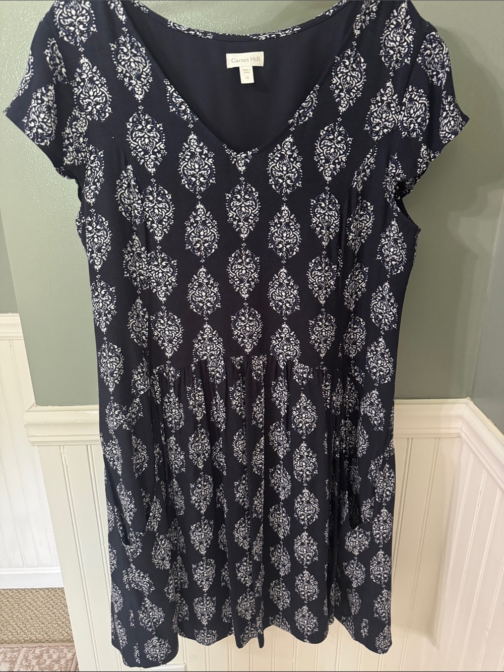 Garrett Hill Navy & White Printed V-Neck Dress Lined with Pockets